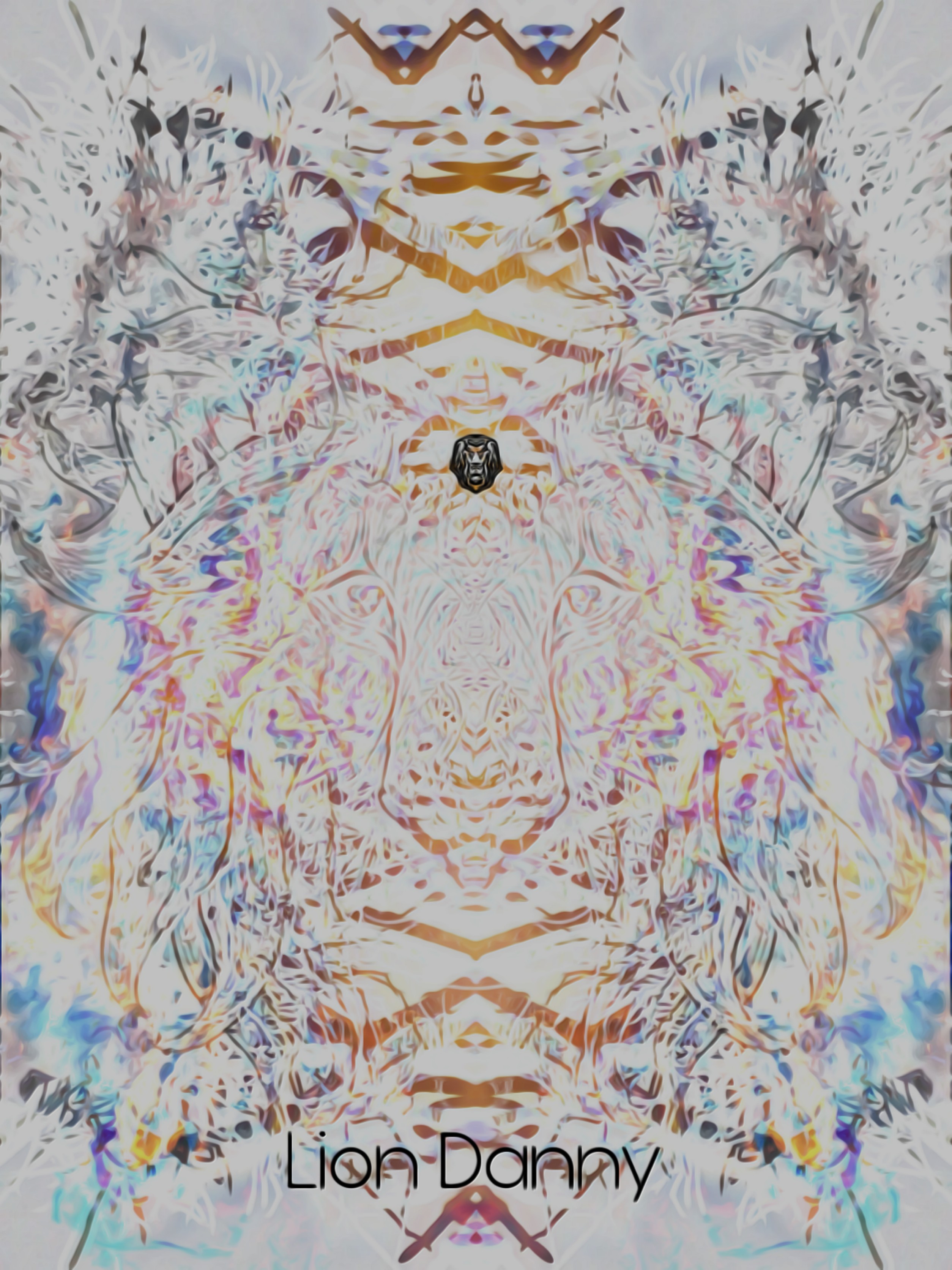 ''Flaming Lion'' - Artwork developed digitally by Lion Danny © 2020

A burst of many colors of lines, all soft to the eye, many fine lines create patterns that develop into the face of a large cat, such as a Lion or due to the amount of particles in this image, a tiger. There is a crown on top of this cat's head, while its inside of a mix of a spiritual tunnel-vision of start colliding, generating this vibrant lion/tiger-looking cat.