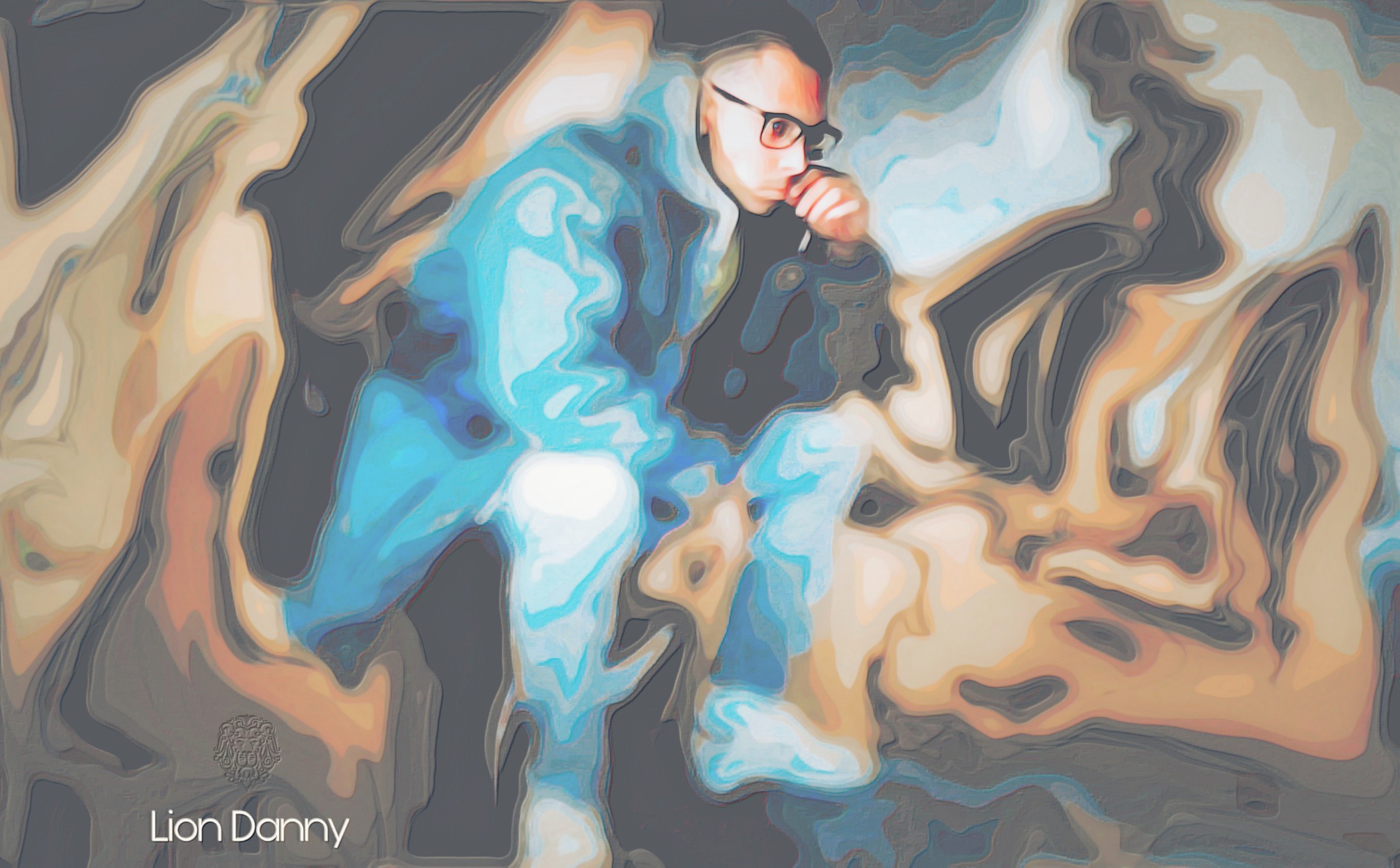 ''Freezing Thinker'' - Artwork developed digitally by Lion Danny © 2017

An artwork of a young man wearing glasses and a winter coat, sitting down on what looks like rocks or mountains. The distorted design in the background is mostly black and outlined, making the surface of this design look 3d. 