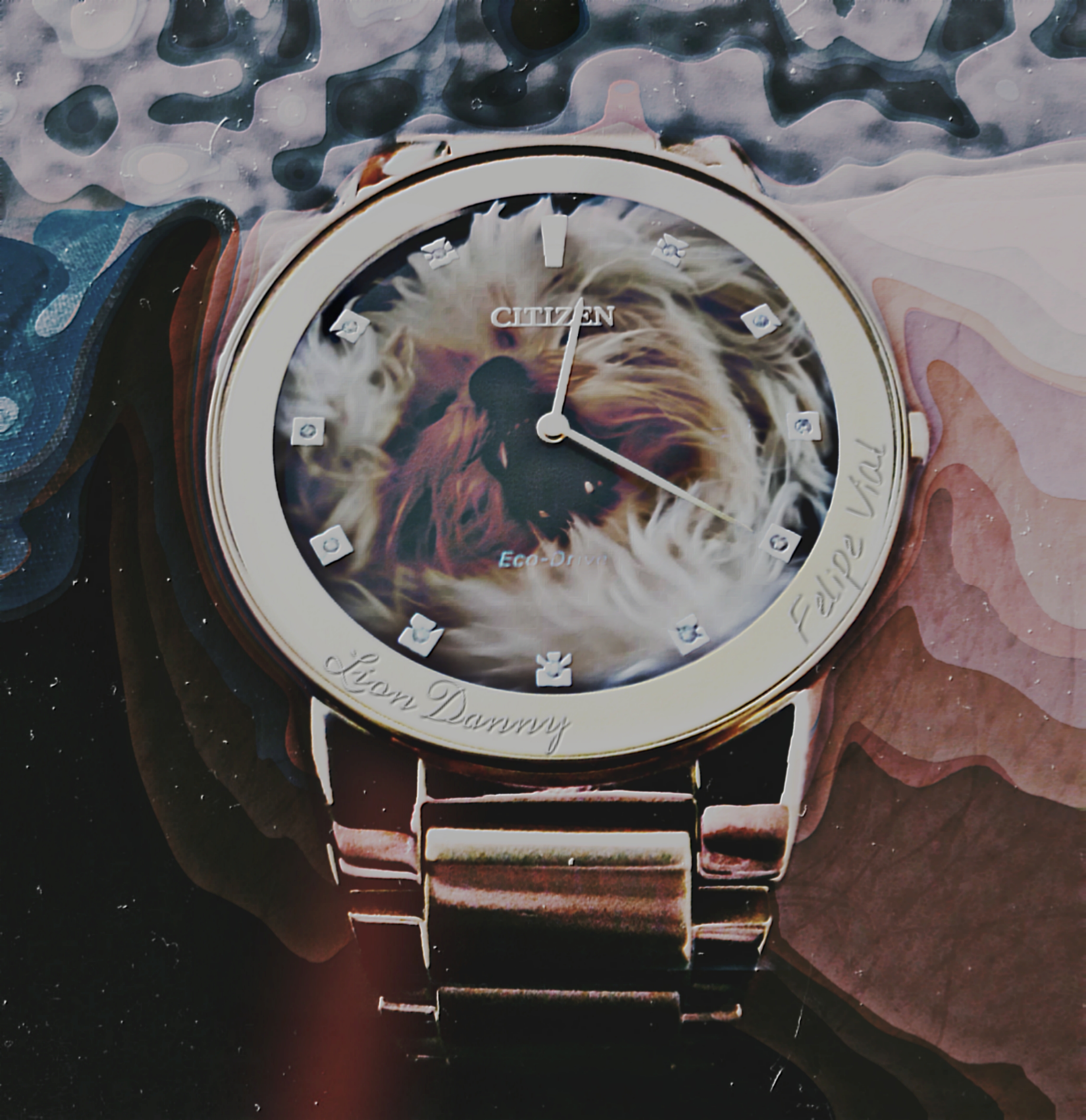 ''Lion's Roaring Watch'' - Artwork developed digitally by Lion Danny © 2020

A Citizen Eco-Drive watch with an original bezel and markers, yet painted with a small dog that looks like a Lion with its mouth open, showing its tiny fangs, inside the crystal. The watch is on someone's wrist, the background is snow-camo and the colors are gold, rose-gold, white and orange.
