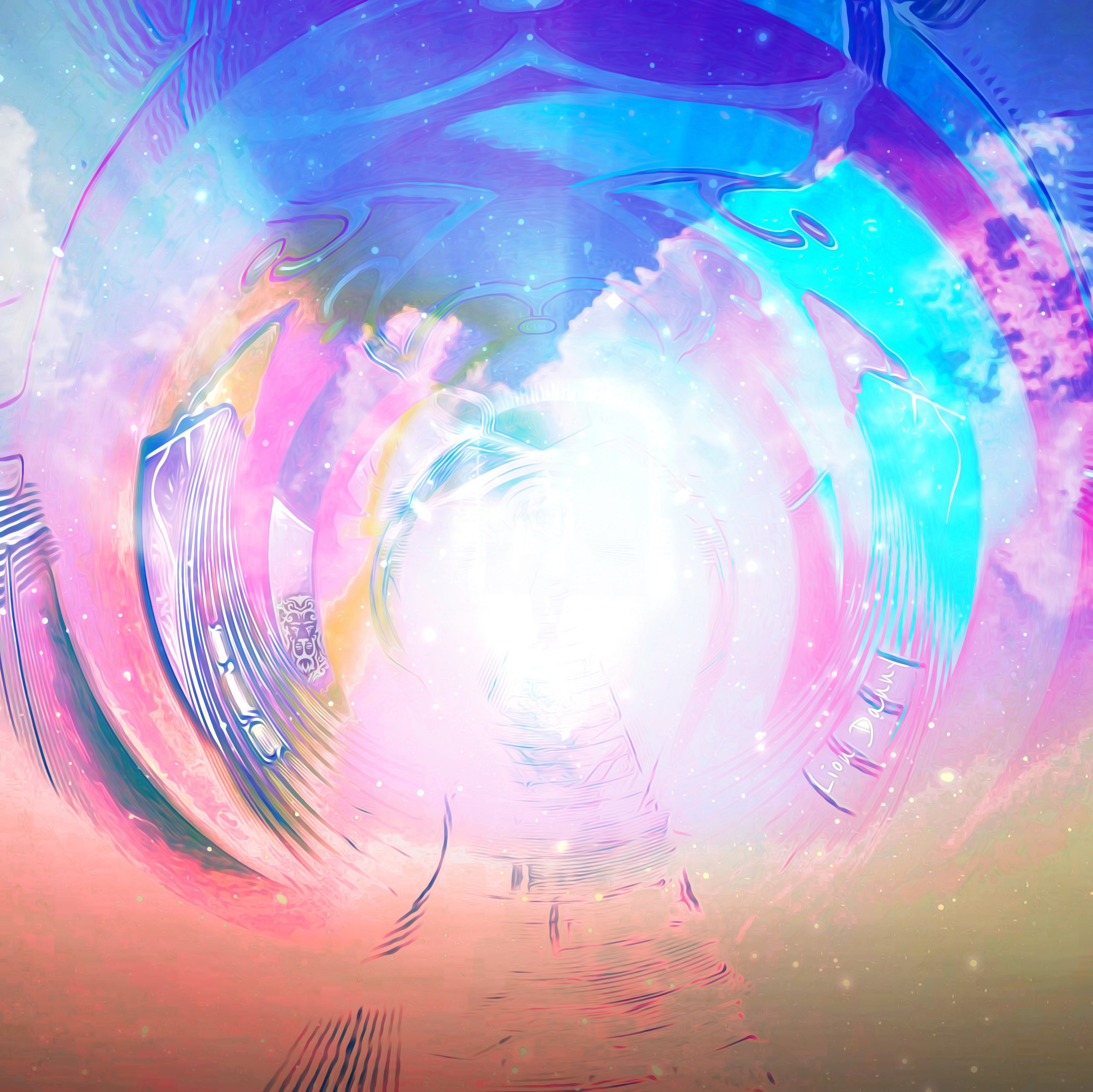 ''Path to Heavenly Symphony'' - Artwork developed digitally by Lion Danny © 2020

Skies with a pathway that looks like instrument strings floating on top of clouds that range from yellow, orange, purple, pink, magenta and white, fill this amazing tunnel-vision painting of a sky that looks like heaven, but with instruments lined on the tunnel itself.