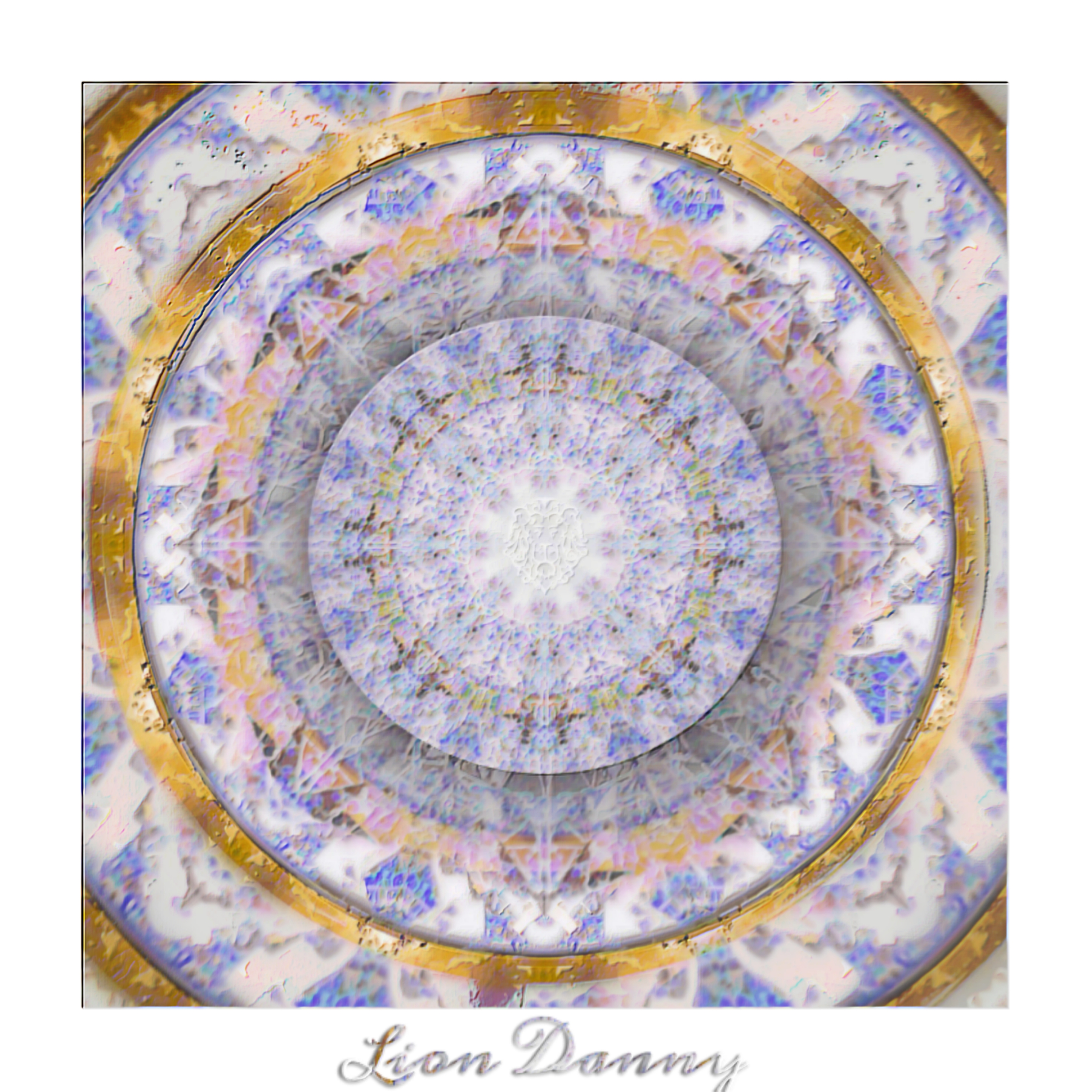 ''Porcelain Fountain'' - Artwork developed digitally by Lion Danny © 2019

Many symmetric circles engraved by fine patterns compose this painting, with gold outrings and the main piece being white and blue, in traditional yet sophisticated porcelain pieces that resemble past times, its surfaces lines coming out of the painting, making this artwork feel 3D. The aerial view of a fountain made out of porcelain and gold.