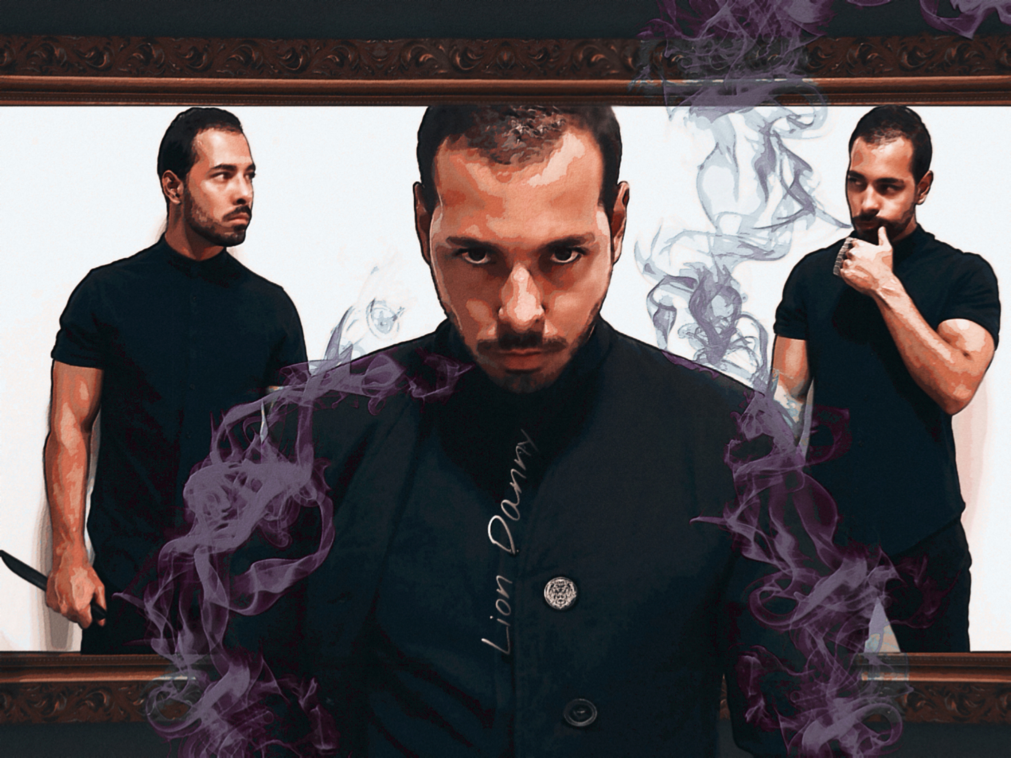 ''Signore dei Leoni'' - Artwork developed digitally by Lion Danny © 2022 

An artwork of the same person in 3 different perspectives, the main one being in the middle, facing the viewer with his imponent eyes, dressed in very fine gentleman clothes, purple smoke coming out of his hands which are not visible. A frame is on top and bottom of the painting, making it appear as inside and outside. The other two perspectives of the man are in the background, looking at one another with questioning but understanding stares. The background of the painting is white, while outside of it, is black. 