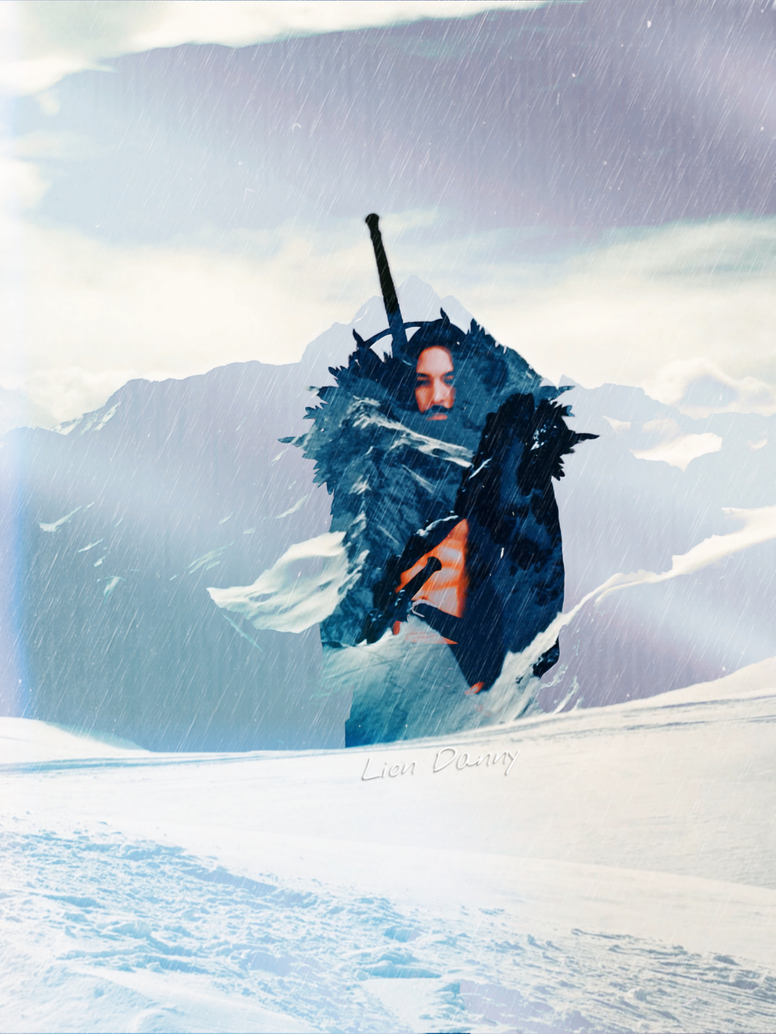 ''Summit'' - Artwork developed digitally by Lion Danny © 2022

A man wearing black furs and no undercoat, holds a greatsword on his back and climbs up to the summit of a tall mountain covered in white snow. In the background are more mountains, snowfall and the sky.