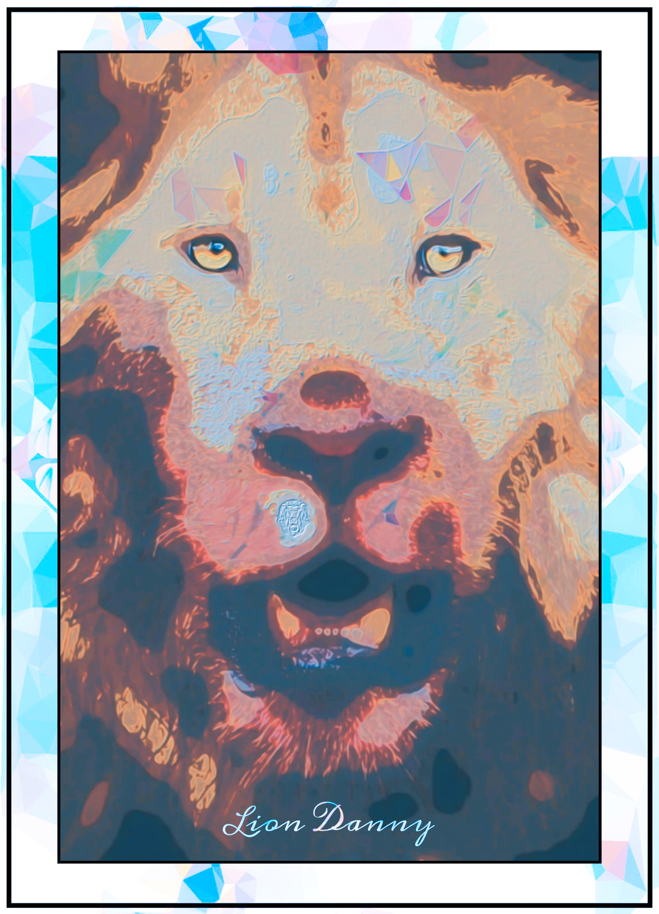 ''Thundralion'' - Artwork developed digitally by Lion Danny © 2018

A white and blue-colored thick frame of thin black lines hold a painting of a portrait of a male lion staring into the distance which is colored with well-defined lines in pastel tonalities.
