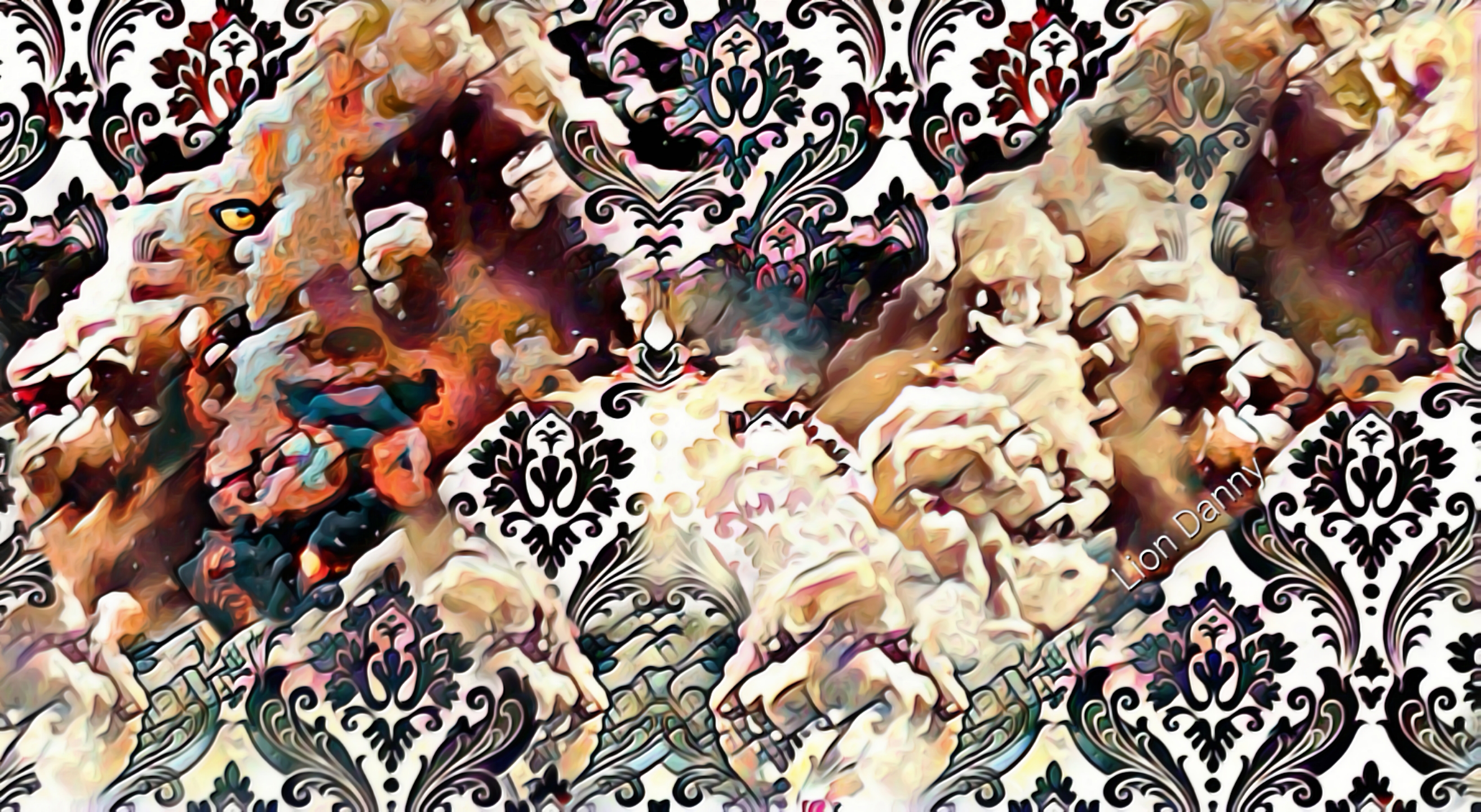 ''Mountain Lion'' - Artwork developed digitally by Lion Danny © 2022

A combination of damascus patterns and rocksgenerate friction between a Lion that is made out of one of side of this mountain, while below are more yet smaller patterns that represent mountains,, all being slowly shattered into this space of damascus patterns that involve everything.