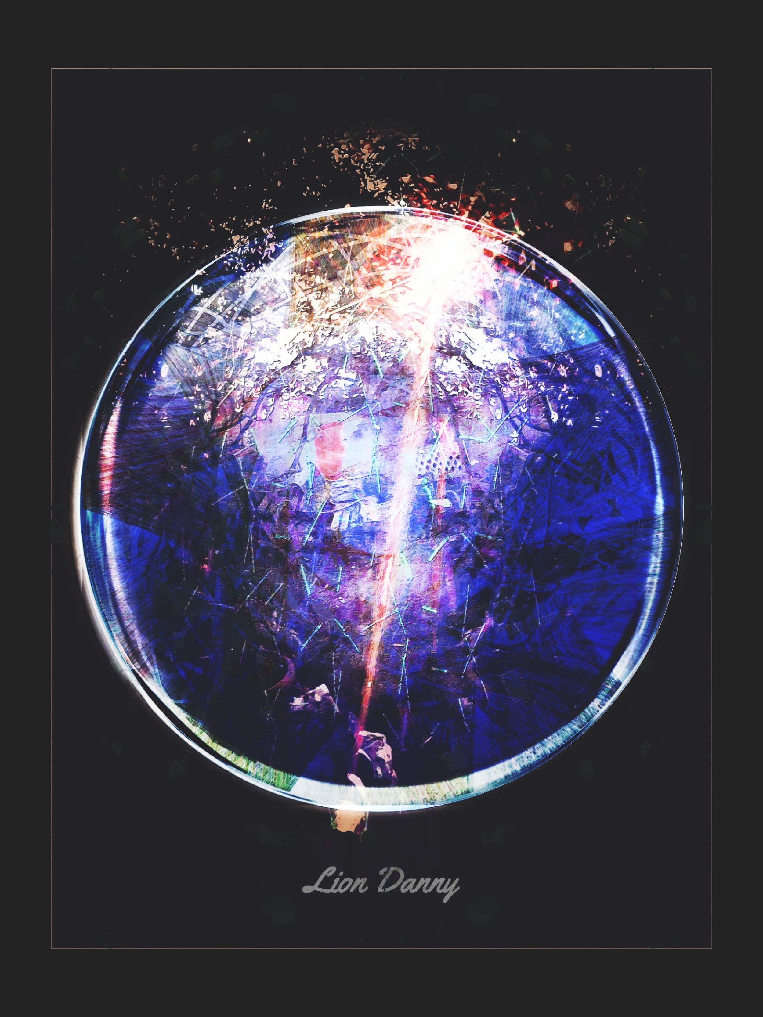 ''Parc Guëll'' - Artwork developed digitally by Lion Danny © 2017

A rectangular line creates a thin frame for a bead made of glass with multiple shapes and patterns inside of it, having blue as the main contrast color, with a read beam coming from the inside of this globe and making a strong impact from the inside-out.